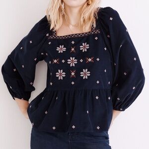 Madewell Embroidered Corduroy sq neck top Navy Size Medium